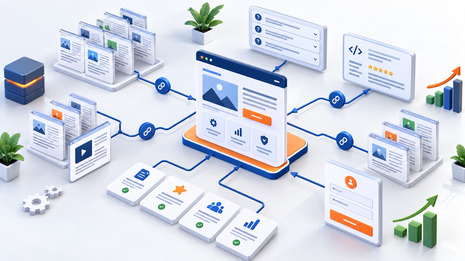 SEO service page architecture with internal links blog clusters FAQs schema cards and conversion forms