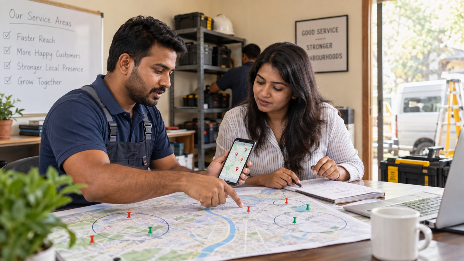 Indian home-service business owner and local SEO consultant planning service areas on a city map