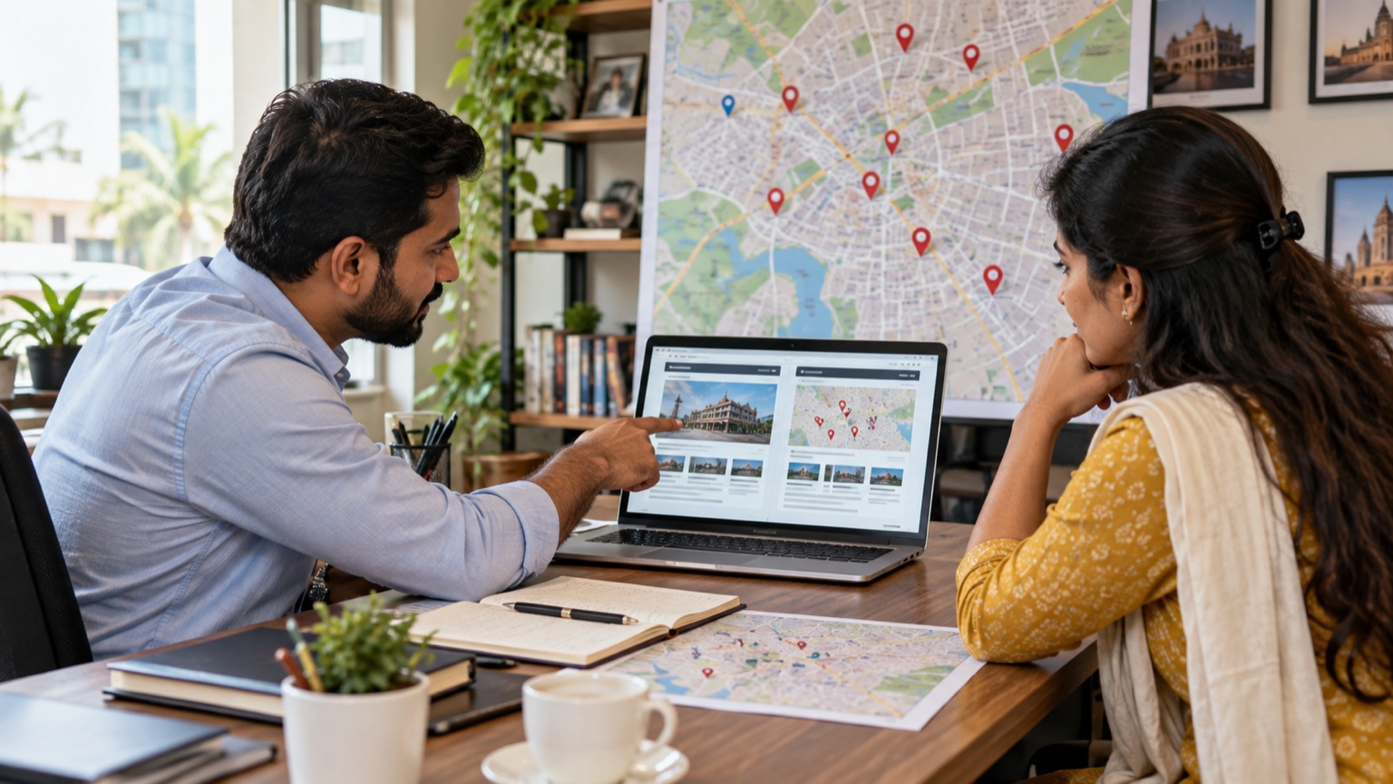 Indian local SEO consultant comparing genuine office locations with service areas on a city map